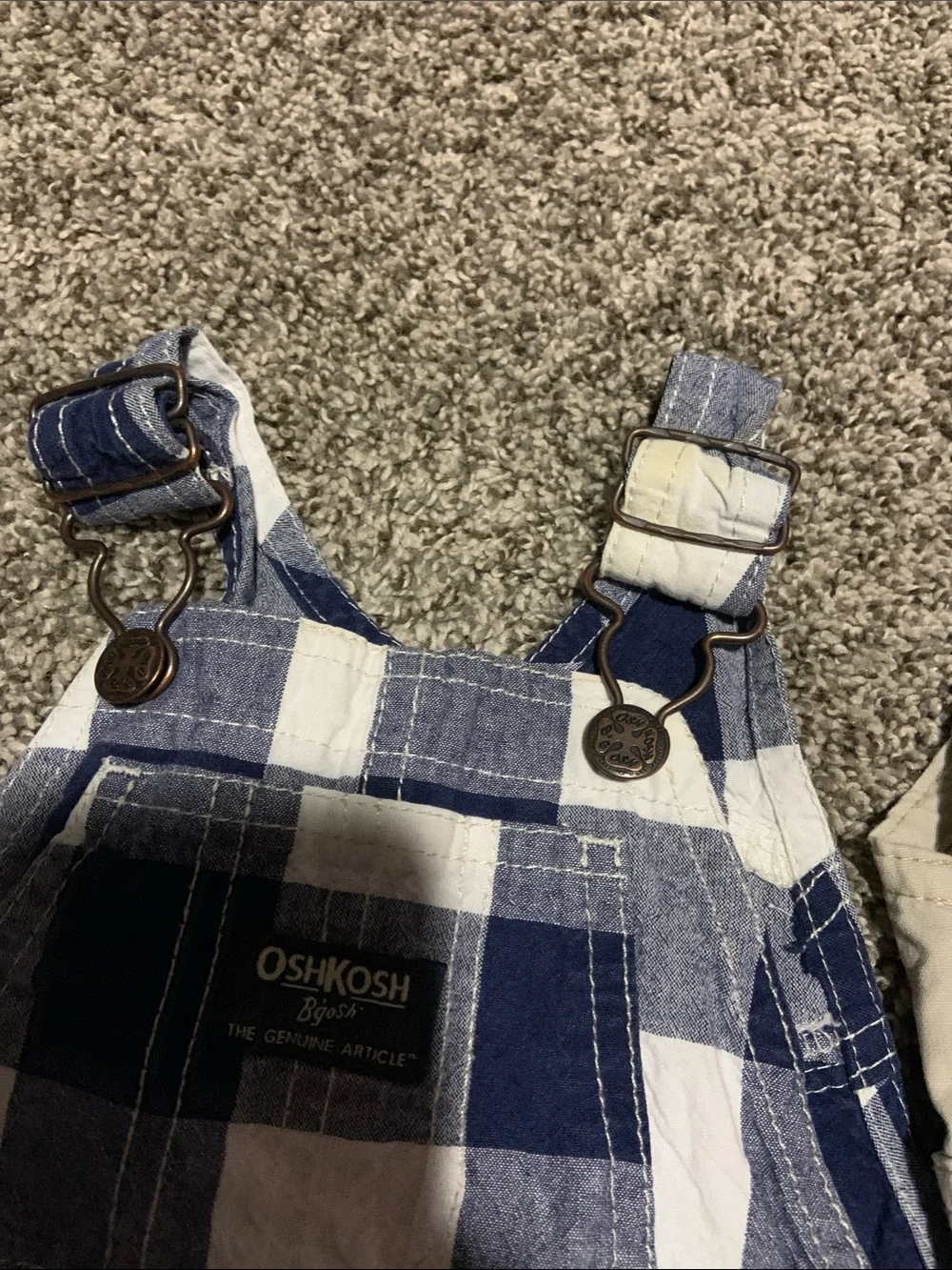 OshKosh B'gosh Beige Overall with Navy Plaid Short Overalls Set